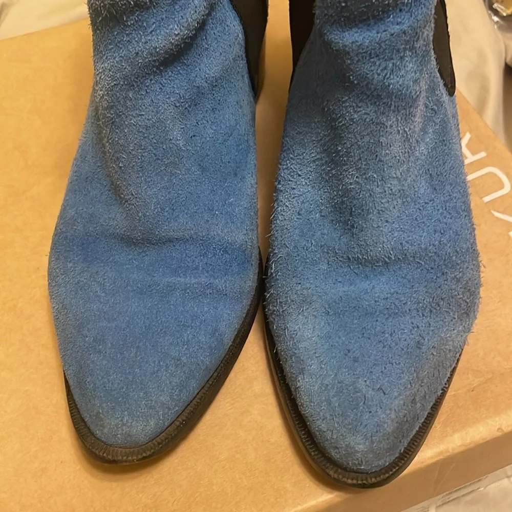 Channel your inner Elvis in blue suede booties. Size 7.5. Kurt Geiger